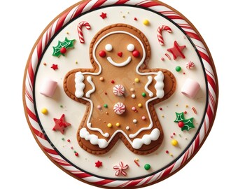 Gingerbread Man Christmas Emblem, Retro Candy Cookie PNG (Digital Download)
