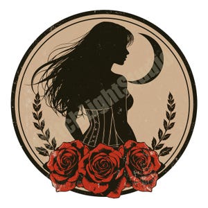 May include: Circular graphic with a black silhouette of a woman with long hair, a crescent moon, and three red roses. The woman wears a corset. The design is framed by a black border and a beige background.