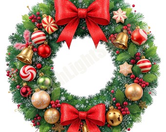 Elegant Christmas Wreath Emblem PNG for Sublimation, Stickers, and Holiday Decor