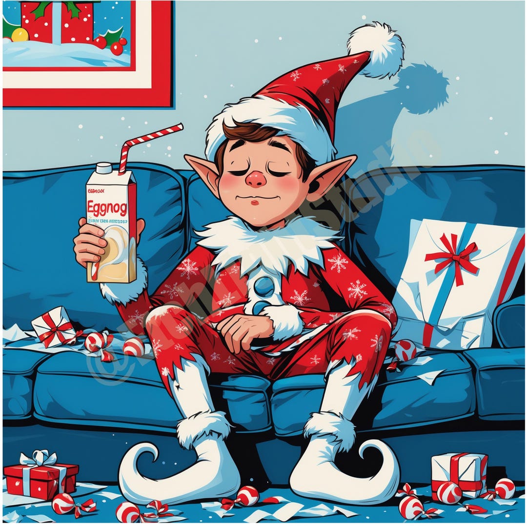 Funny Christmas Elf on Break: Digital Holiday Cartoon With Eggnog ...