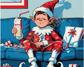 Funny Christmas Elf on Break: Digital Holiday Cartoon with Eggnog | Humorous PNG Design