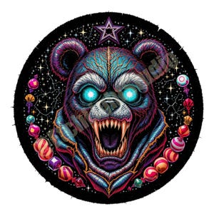 May include: A digital illustration of a menacing bear face with glowing blue eyes and sharp teeth. The bear is surrounded by a black circle with a star and candy-like decorations. The color palette includes shades of blue, purple, and red.