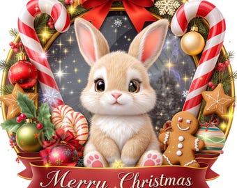 Adorable Baby Bunny Christmas Wreath PNG - Kawaii Holiday Digital Art for Nursery Decor