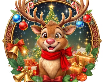 Adorable Christmas Reindeer Emblem PNG - Transparent Holiday Design for Crafts and Merchandise