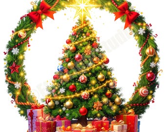 Enchanted Christmas Tree Emblem: Transparent PNG for Sublimation, Stickers, and Festive Decor