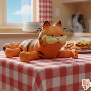 Puede incluir: Figura naranja de Garfield con rayas negras, tumbada sobre un mantel a cuadros rojos y blancos. Un plato de lasaña está en el fondo. La escena está ambientada en una cocina con una ventana y una cortina a cuadros rojos y blancos.