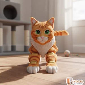 May include: A 3D-rendered orange tabby cat with green eyes and white markings. The cat has a unique, segmented body design with articulated joints. A cat tree and toy are in the background. The Voxel Vision logo is in the bottom right corner.