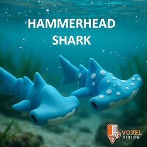 May include: Two light blue hammerhead shark figurines with white spots, set against an underwater background. The text "HAMMERHEAD SHARK" is displayed above the sharks. The image has a 3D render style.