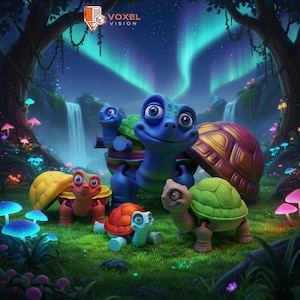 May include: A whimsical digital illustration featuring a group of cartoon turtles in a fantasy forest setting. The turtles have vibrant colors, including blue, red, green, and yellow. The background includes waterfalls, glowing mushrooms, and an aurora borealis.
