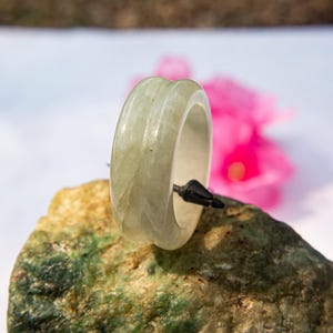 7.5US Authentic Grade A Burmese Jade Ring – Carat Milky White Jade with Snow Moss Inclusions | Handcrafted, Untreated Natural Jadeite Amulet