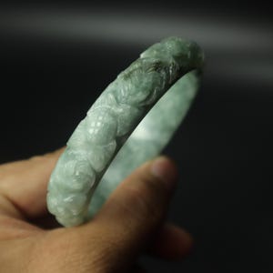 51mm Burmese Jadeite Bangle Bracelet: Hand-Carved Floral Green Jade