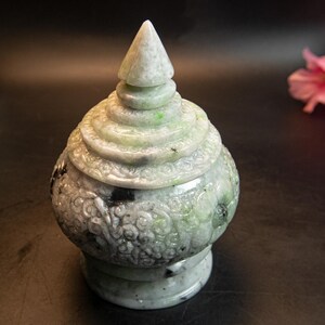 Rare 4.7&quot; Hand-Carved Burmese Jadeite Jade Jar – Grade A Natural Green, Gray White | Floral & Vine Feng Shui Symbol of Prosperity, Amulet