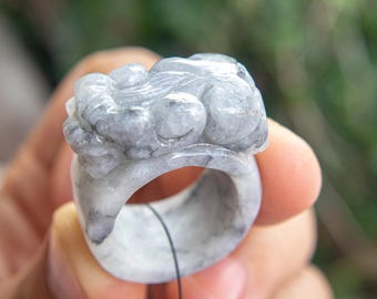 Burmese Jadeite Dragon Pixiu Ring: Feng Shui Luck Amulet, US Size 9