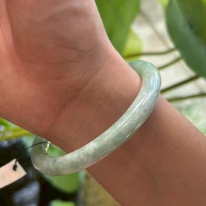 58MM Natural Grade A Burmese Jadeite Bangle – Translucent Wild Apple Green with Light Green “Moss-in-Snow” Pattern | Lucky Jade Amulet Peace