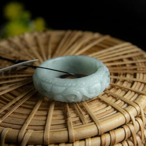 9 3/8US Natural Green Jadeite Ring–Grade A  Burmese Jade | Untreated Ice Green Ring | Hand-Carved Auspicious Cloud Design, Amulet Luck Stone