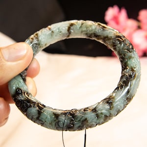 55mm Natural Burmese Jadeite Jade Bangle– Carved Floral & Vine Motif in Translucent Soft Green | Elegant Symbol, Blessings Nature’s Energy