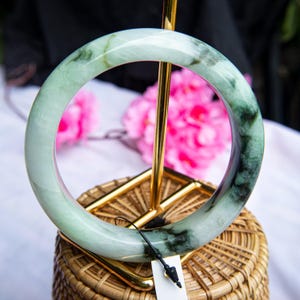 62MM Natural Grade A Burmese Jadeite Jade Bangle – Translucent Light Green with “Moss-in-Snow” Veins | Handcrafted Amulet for Luck, Balance
