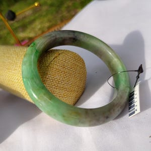62mm Natural Grade A Burmese Jadeite Bangle Bracelet – Translucent Light to Sea Green with Rare “Moss-in-Snow” Pattern | Luck Luxury Amulet