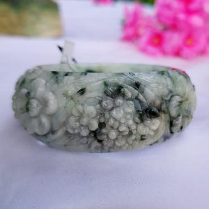 61mm Natural Grade A Burmese Jadeite Jade Bangle–30mm Thick, Hand-Carved Jasmine & Pikul Flower Amulet, Translucent White with Green Accents