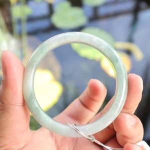 57mm Natural Grade A Ice Green Burmese Jadeite Bangle – Hand-Carved “Moss-in-Snow” Jade Bracelet | Elegant Healing Amulet for Luck & Harmony