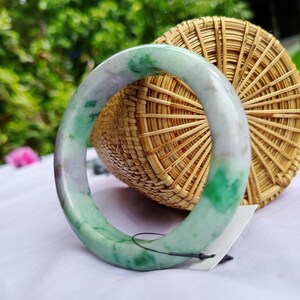 62mm Burmese Jadeite Bangle: Grade A Moss-in-Snow Jade Bracelet