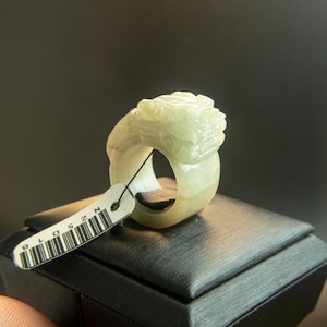 6 3/8US Authentic Burmese Jadeite Ring – Intricate Dragon Pixiu Motif, Natural White-Green Jade, Spiritual Talisman for Fortune, Amulet Luck
