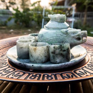 May include: A jade tea set featuring a teapot with a dragon head design, a lid, and several small cups. The set is displayed on a round, decorative tray with an ornate border. The jade has a mottled green and gray appearance.