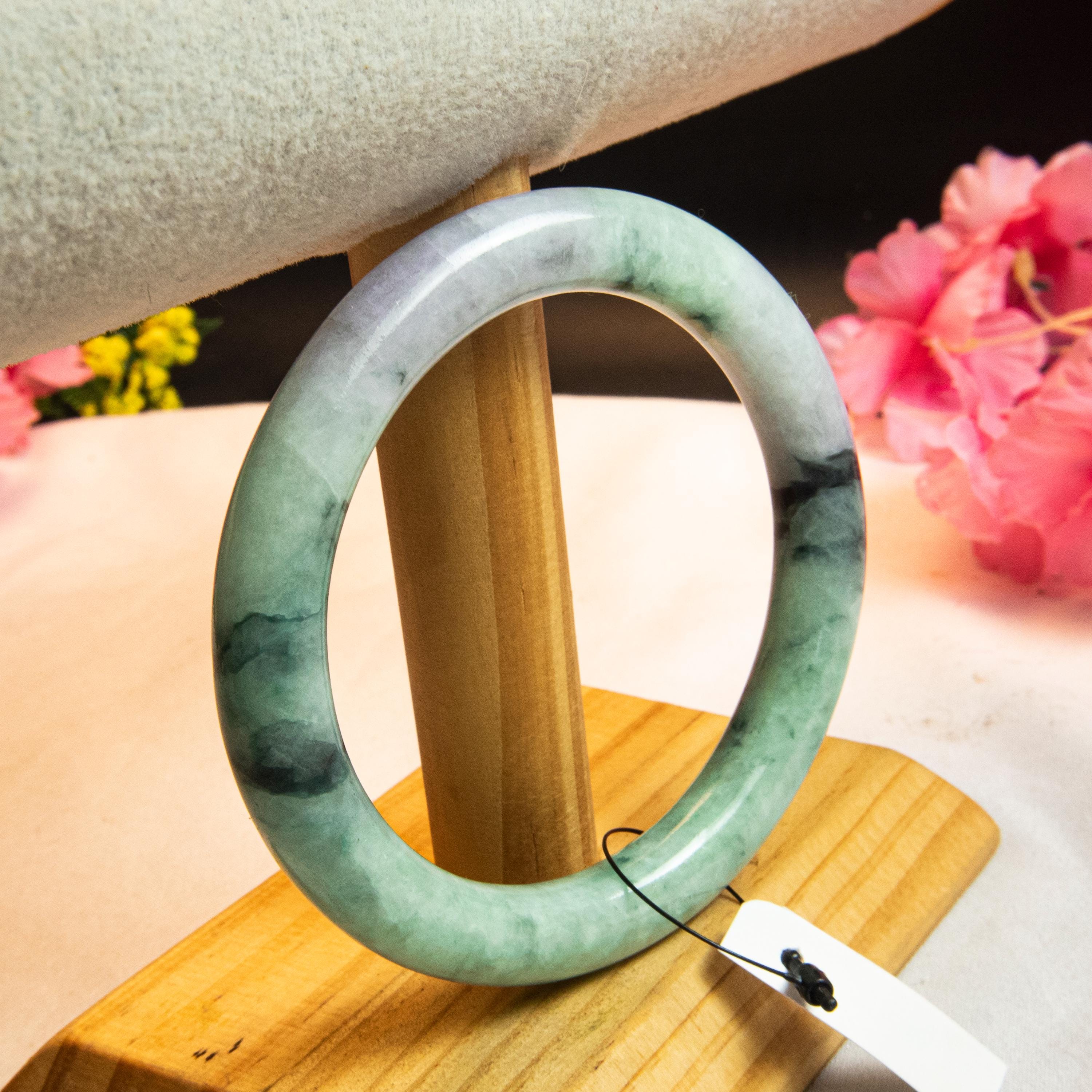天然アップルグリーンミャンマー産翡翠バングル - 62mm グレードA翡翠 