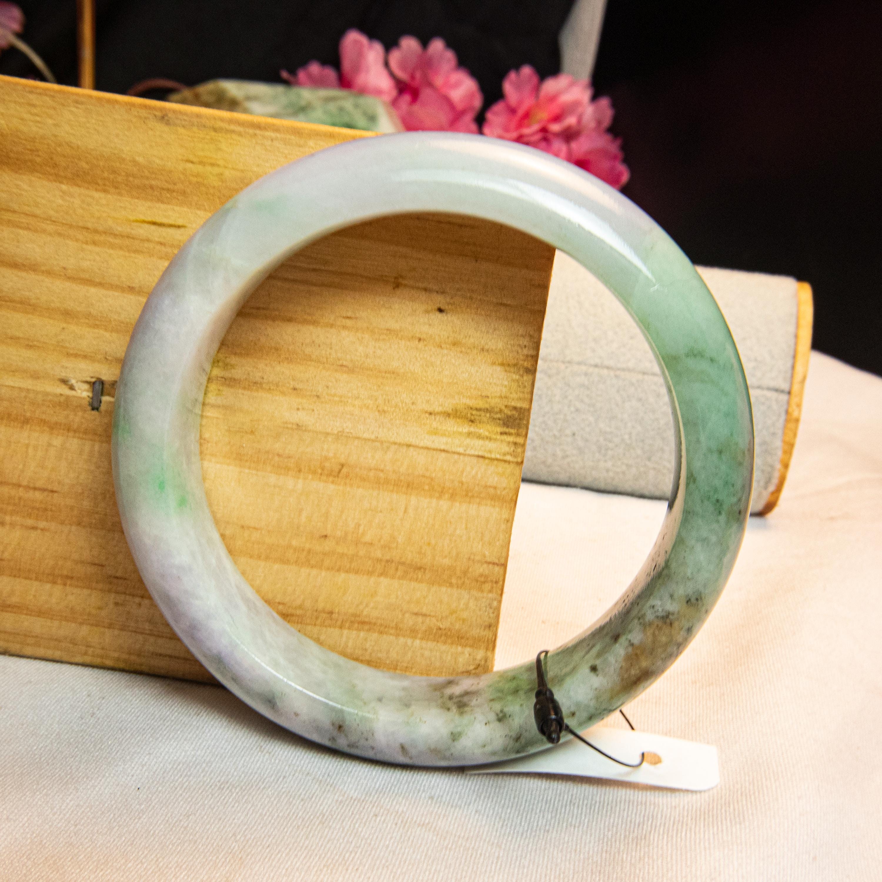 61mm Burmese Jadeite Bracelet: Natural Green Purple Moss-in-snow 