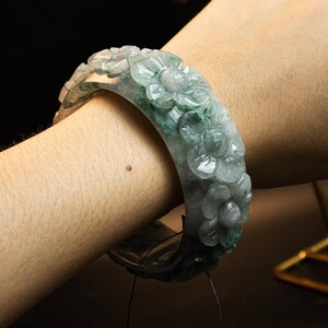 61mm Grade A Burmese Jadeite Bangle Bracelet – Hand-Carved Jasmine & Plumeria | “Moss in Snow” Translucent White, Green, Amulet Width 27 mm