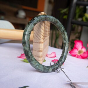 61mm Authentic Burmese Jade Bangle – Natural Grade A Jadeite with Dark Green Marble and Snow Lichen Inclusions | Spiritual Balance & Wealth