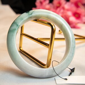 56MM Natural Grade A Burmese Jadeite Jade Bangle Bracelet – Light Green & Ice White “Moss-in-Snow” Pattern – Lucky Amulet Luxury Gemstone