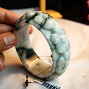 61mm Hand-Carved Grade A Burmese Jadeite Jade Bangle Bracelet – 26mm Thick Milky White with Green Accents, Pikul Flower Lucky Amulet Luxury