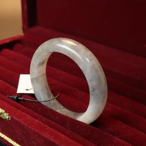 40MM Natural Grade A Ice White Burmese Jadeite Jade Bracelet Bangle – Small Size with “Moss-in-Snow” Veins | Luck & Prosperity Amulet Luxury