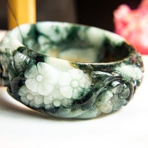 61mm Natural Burmese Jadeite Jade Bangle Bracelet– 28.4mm Thick, Grade A Certified, Hand-Carved Floral Amulet in Icy Light, Deep Green Tones