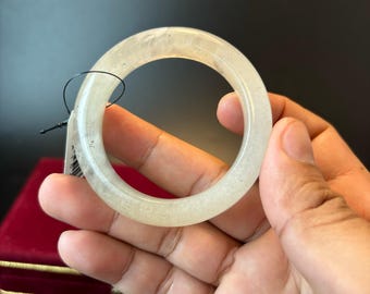 Petite Burmese Jadeite Bangle: Grade A Moss-in-Snow Amulet (48mm