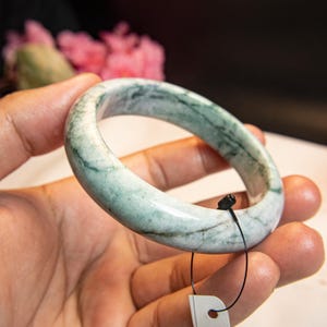 58mm Authentic Grade A Burmese Jade Bangle | Natural Untreated Jadeite Bracelet with Rare Green & Dark Green Marble Effect, Amulet Luxury