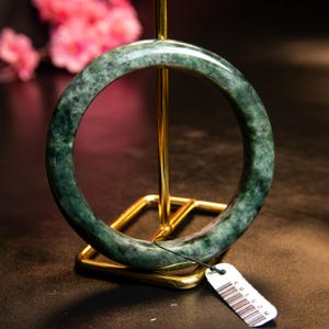 62mm Natural Grade A Burmese Jadeite Jade Bracelet Bangle – Deep Forest Green & Smoke Gray with “Moss in Snow” Pattern, Amulet Luxury Luck