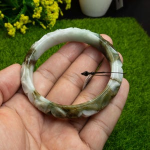 58mm Natural Burmese Jade Bangle – Grade A Flower Pattern with Green, White & Honey Tones | Genuine Jadeite for Wealth, Harmony Luck Stone
