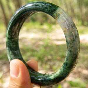 62mm “Moss-in-Snow” Natural Grade A Burmese Jadeite Jade Bracelet Bangle – Translucent Green to Emerald Jade Amulet for Prosperity & Luck