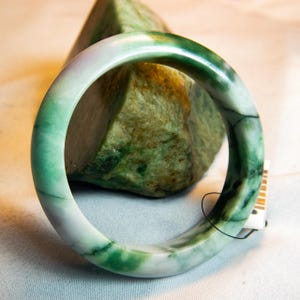 Rare 62mm “Moss-in-Snow” Burmese Jadeite Bangle – Grade A Natural Jade, Translucent Green Harmony, Hand-Polished, Amulet Bracelet Luck Stone