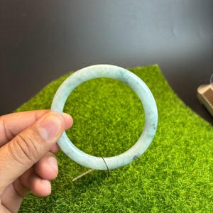59MM Grade A Burmese Jadeite Bangle – Translucent Green “Moss in Snow” Pattern with Golden Honey Accents | Healing & Prosperity Amulet Luck