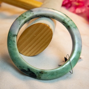 62mm Authentic Burmese Jade Bangle – Grade A Jadeite in Translucent Ice White & Apple Green | Untreated “Moss-in-Snow” Spiritual Bracelet
