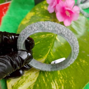 61mm Burmese Jadeite Bangle: Hand-Carved Jasmine Flowers, White & Green Snow Moss
