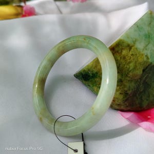 54mm Natural Grade A Burmese Jadeite Bangle– Translucent Light, Icy & Golden Green “Moss-in-Snow” Pattern | Lucky Amulet Bracelet Lade