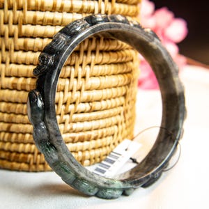 57mm Natural Burmese Jadeite Jade Bangle Bracelet – Hand-Carved Dragon & Snake Motif in Translucent Grey-Green Jade | Symbol of Power Amulet