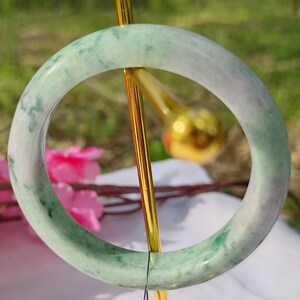 62mm “Moss-in-Snow” Light Green & Lavender Burmese Jadeite Bangle – Grade A Natural Jade Bracelet for Luck, Prosperity Spiritual Harmony