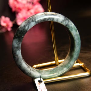 62mm Natural Grade A Burmese Jadeite Jade Bracelet Bangle – Deep Forest Green & Smoke Gray with “Moss in Snow” Pattern, Amulet Luxury Luck