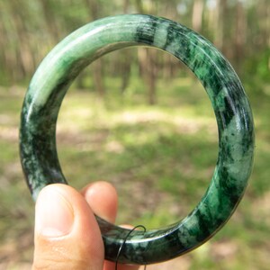 62mm Natural Grade A Burmese Jadeite Jade Bangle Bracelet– Translucent “Moss-in-Snow” Pattern with Light to Dark Green Gradient, Luck Amulet