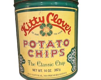 Vintage Kitty Clover Potato Chips Tin 1983 Green Clover Advertising Can